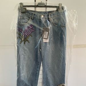 Alexander - McQueen Blue Embroidered Floral Boyfriend Jeans